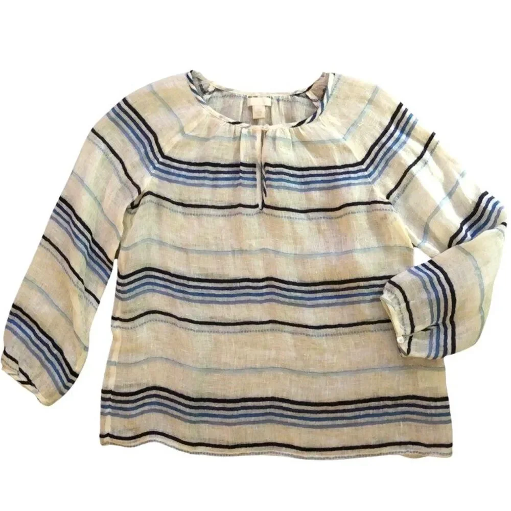 J Crew 100% Linen Peasant Blouse Womens Sz S Sheer Indigo Striped Coastal Beach